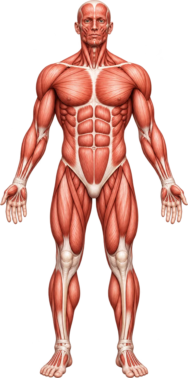 Illustration of the human muscular system, front view, used to browse areas of the body.