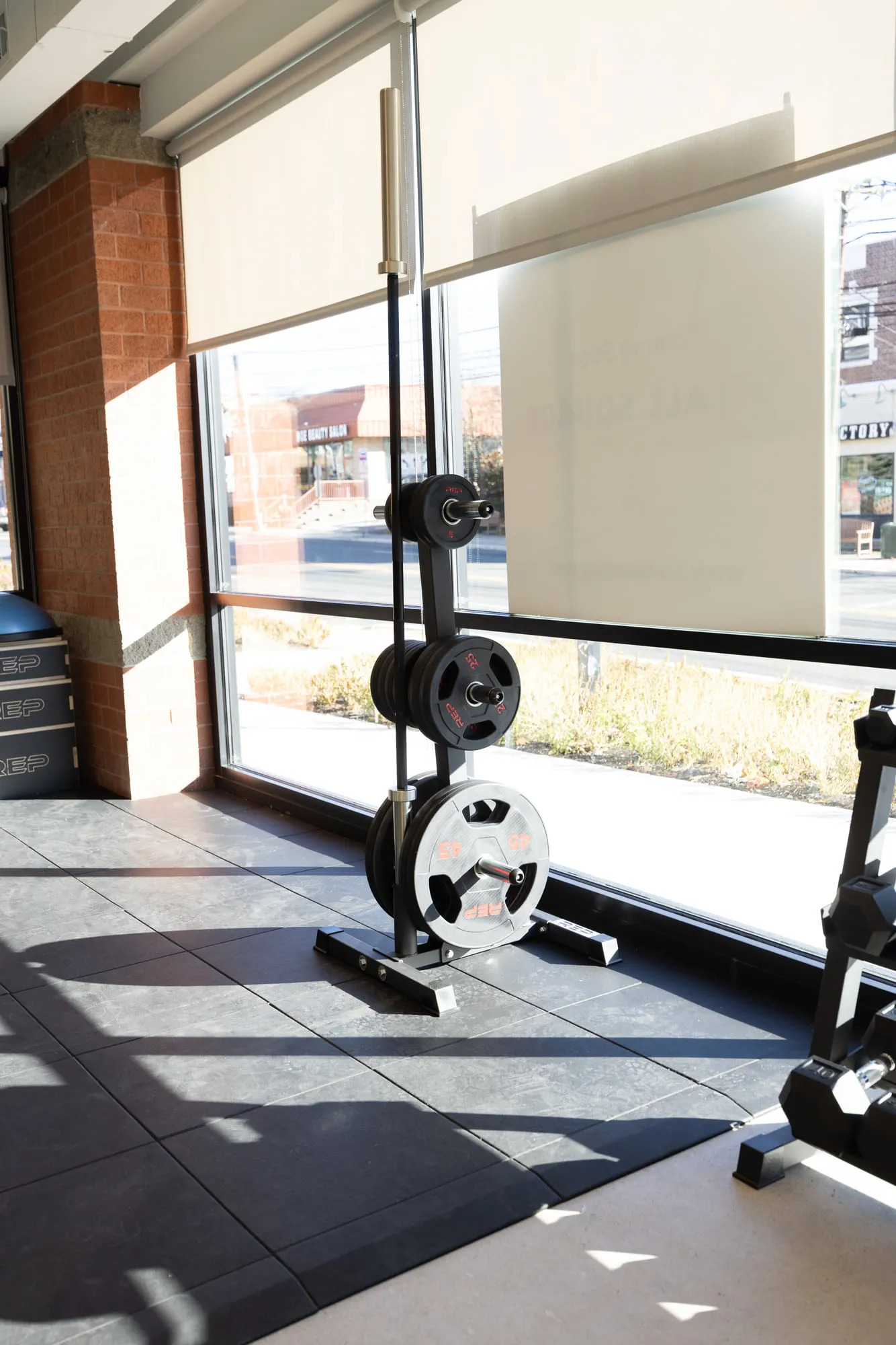 A weight tree beside the windows on the training floor at All Square.