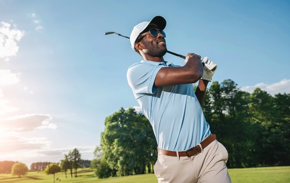 A man in sunglasses, swinging a golf club.